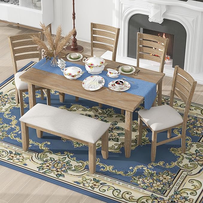 SogesPower 6-Piece Rustic Dining Table Set for 4-6,Rectangular Farmhouse Kitchen Table Set with 4 Chairs & 1 Bench for Dining Room Living Room,Natural Wood
