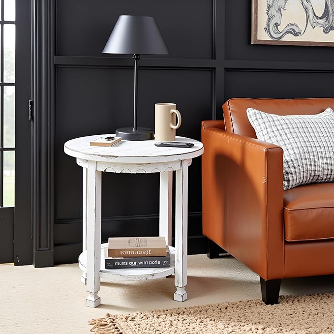 Rustic Cottage Round End Table w/ 1 Shelf, White Antique, 20" x 20" x 24", Farmhouse Style - Unique Accent Piece, Constructed of Select Hardwoods/Composite Wood, End Table w/ Drawer & Shelf