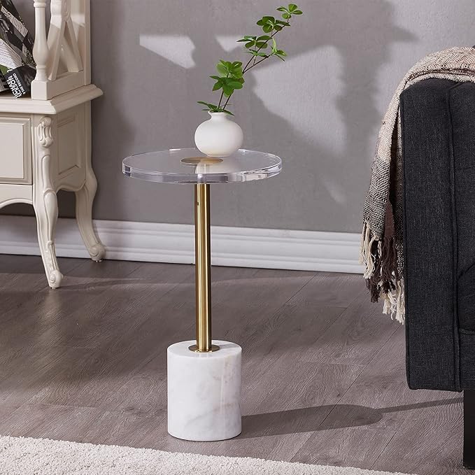 LIKENOW Furniture Acrylic Side Table,Clear Small Round End Table for Living Room,Bedroom,Office | Modern Nightstand with Marble Base,Gold Post,Clear Top for Drink,Food,Snack,Assembly(White)