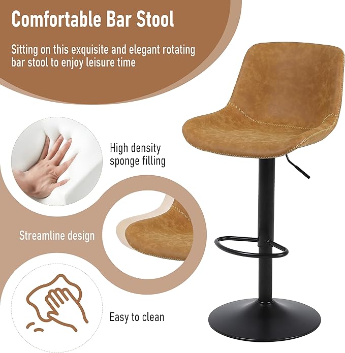 Bar Stools, Swivel Counter Height Barstools with Back, Adjustable Modern Bar Chairs, Tall Armless PU Leather Kitchen Island Stool (Yellow, Set of 2)