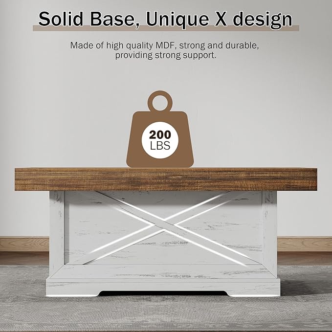 Coffee Table 39 in Farmhouse Center Table with X-Design Wooden Pedestal for Living Room, Space Saving, Easy Assembly Rectangle Home Office Tea Accent Table for Apartment, Antique White Walnut
