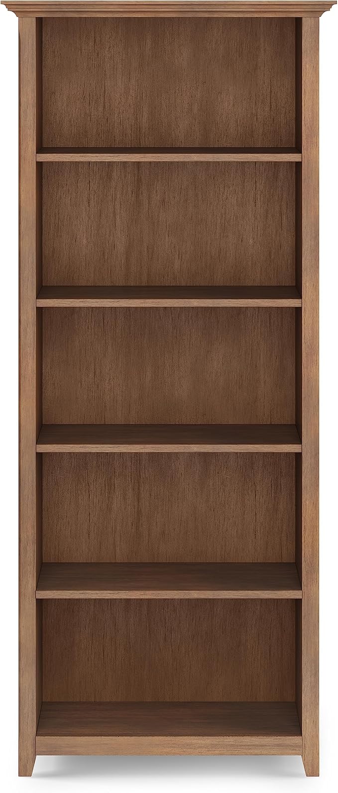 SIMPLIHOME Amherst Bookcase - 70 inch Tall 5-Shelf Solid Wood Bookshelf in Rustic Natural Aged Brown, Transitional Storage for Living Room, Study or Office with Adjustable Shelves and Tapered Legs