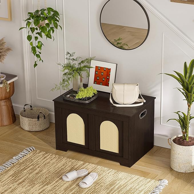 DINZI LVJ Storage Chest, 31.5" Rattan-Like Toy Box with 2 Safety Hinges, Wooden Entryway Storage Bench with Flip-Top, Storage Trunk for Living Room, Bedroom, Easy Assembly, Espresso and Natural