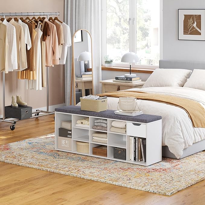 DINZI LVJ Shoe Bench, Entryway Storage Bench with Drawer and 14 Cubbies, Long Cubby Shoe Rack with Adjustable Shelves, Organizer for Living Room, Bedroom, Mudroom, Garage, White