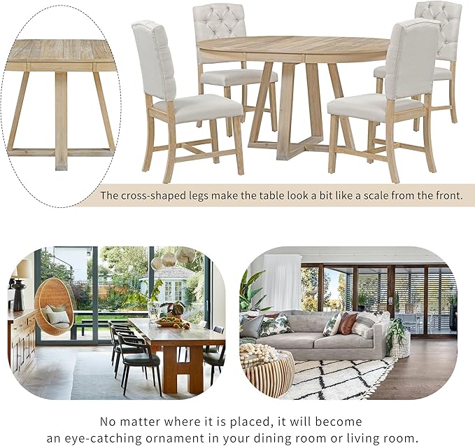 Ball & Cast 5 Piece Dining Table Set with 4 Upholstered Chairs,Living Room Furniture W/ 42" Table,Tabletop Can be Adjusted from Round to Oval in Shape,for Restaurant,Home Bistro,Natural