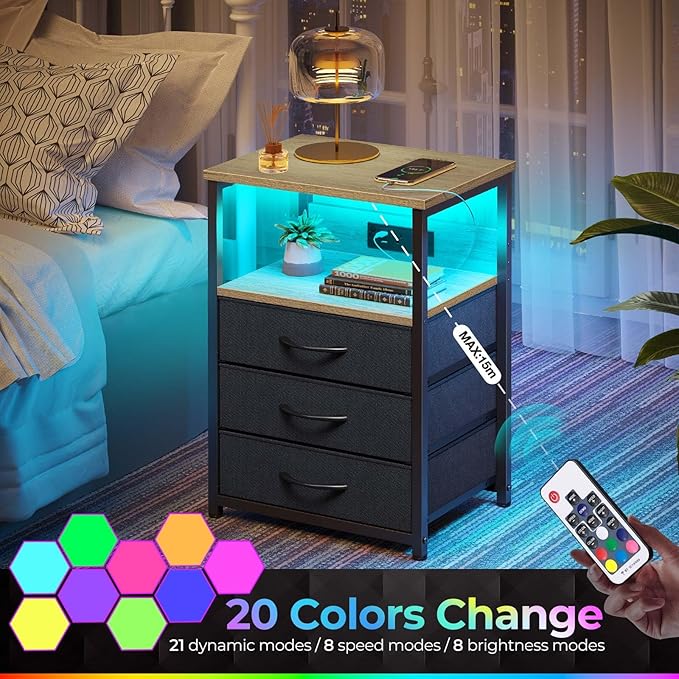 Seventable Nightstand with Charging Station and LED Light, Side Table with 3 Fabric Drawers, Bedside End Table with USB Ports and Outlets, Night Stand for Bedroom, Greige