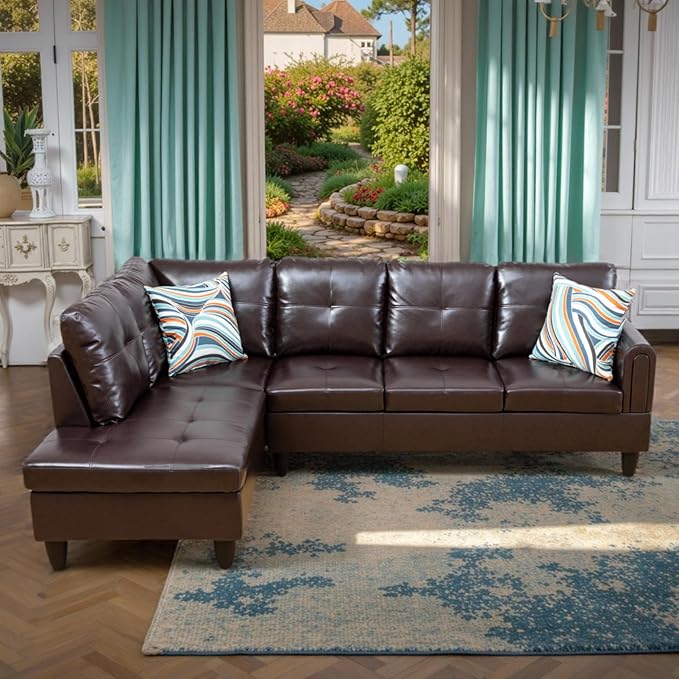 L Shaped Couch Sectional Couches with Chaise, 3 Pieces Modular Convertible Sofa for Living Room Furniture Sets and Small Apartment Faux Leathert, Brown