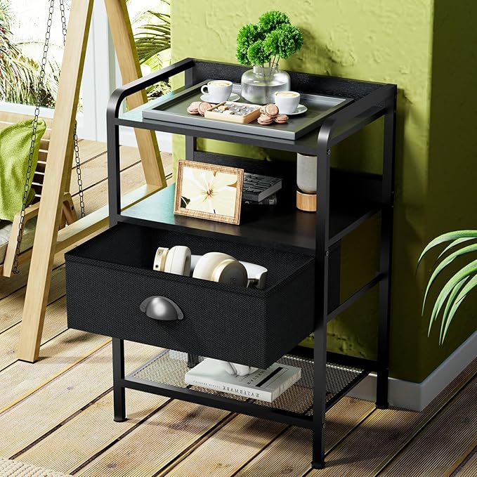 Night Stand Nightstand with 1 Drawer Black Nightstands Storage Night Stands Fabric Drawers Small Bedside Table Mesh Shelves Bed Side End Tables Chests Cabinet for Bedroom Living Room Dorm Furniture