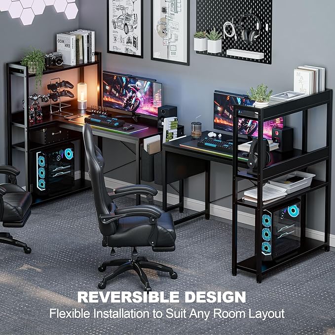 40 Inch L Shaped Computer Desk with Reversible Storage Shelves, Home Office Corner Desk Study Writing Table with Hutch, Study, Black