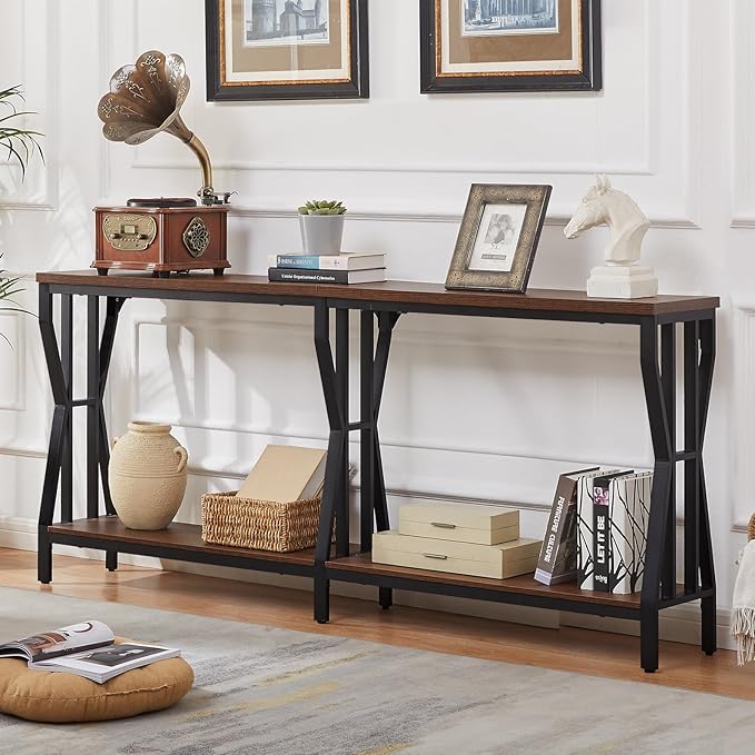 HOMISSUE Sofa Console Table, 70.9" Extra Long Sofa Table with 2-Tier Storage, Industrial Narrow Console Tables Behind Couch, Hallway Table for Entryway, Living Room, Rustic Brown