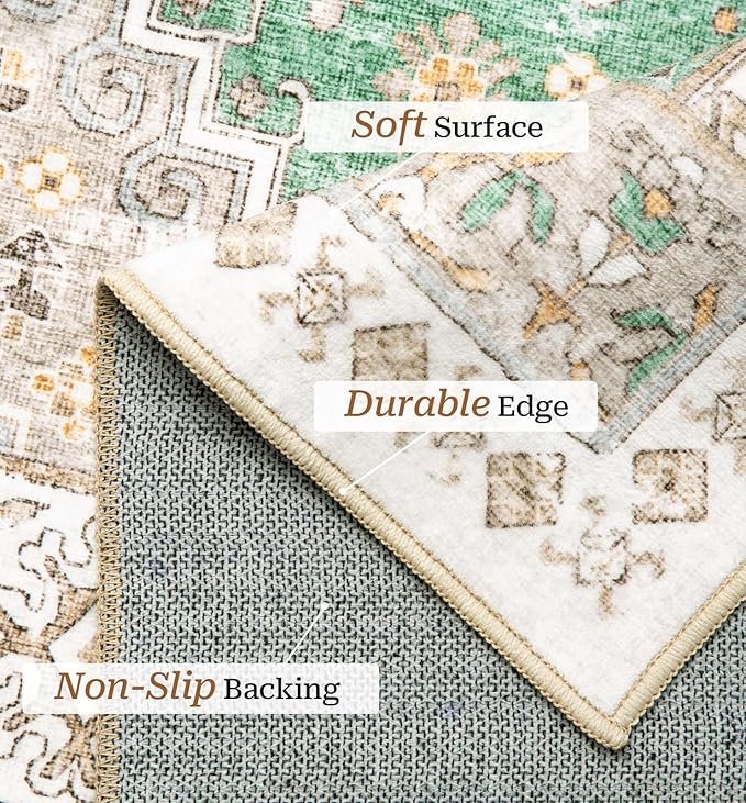 zesthome 6x9 Area Rug, Super Soft Washable Rugs for Living Room, Non-Slip Stain Resistant Vintage Rugs, Ultra-Thin Large Area Rugs (Green/Brown,6'x9')