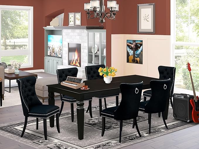 East West Furniture LGDA7-BLK-24 7 Piece Dining Table Set Consists of a Rectangle Kitchen Table with Butterfly Leaf and 6 Polyester Fabric Padded Chairs, 42x84 Inch, Black