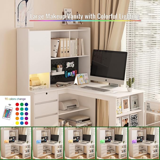 KEIKI L Shaped Home Office Desks with LED Light, Pegboard, Hutch, Drawers, Bookshelf & Storage Shelves, Modern Wooden Gaming Computer Corner Table for Work, Study, Writing