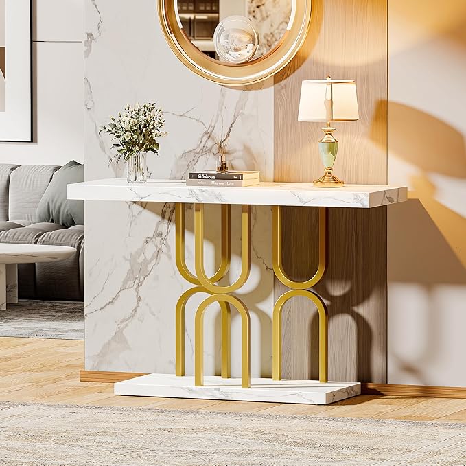Huuger 47.2 Inch Entryway Table with Marble Top, Modern Console Sofa Table, Accent Table, for Entry, Hallway, Entrance, Foyer, U-Shaped Metal Base, White Marble & Gold