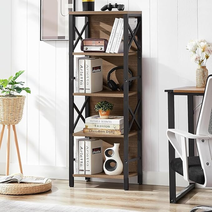 Small Bookshelf,5 Tier Industrial Bookshelf with Metal Frame and Backboard,Narrow Rustic Brown Book Shelf,Book case for Small Spaces,Living Room,Bedroom and Home Office