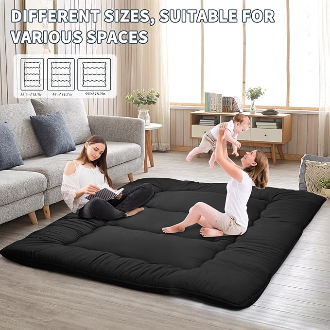Japanese Floor Mattress,4" Thicken Japanese Floor Sleeping Pad Foldable,Futon Mattress Suitable for Camping and Guest Room (Black, Queen (80" X 60"))