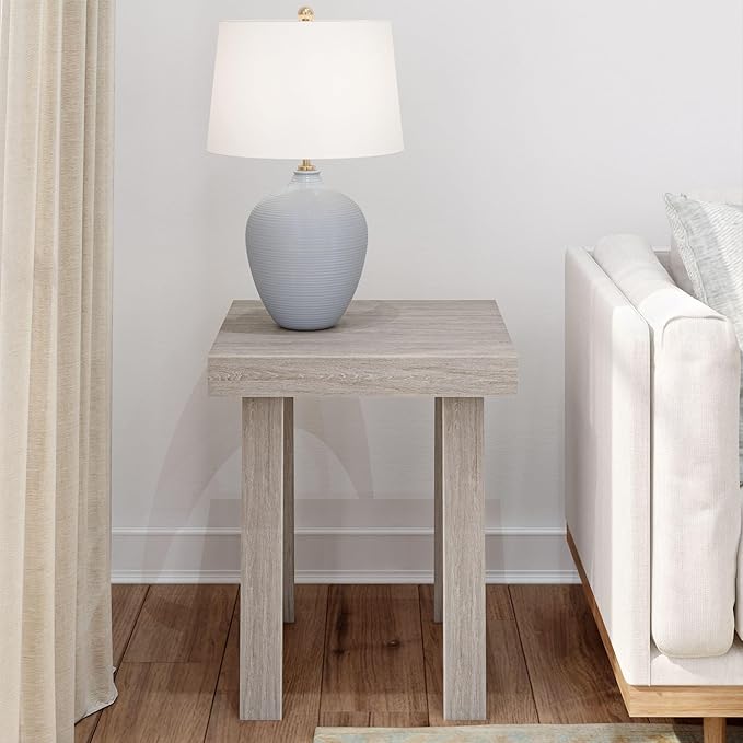 Plank+Beam Classic Square Side Table, Slim Side Table for Living Room, Narrow Nightstand for Small Spaces, Wood End Table for Bedroom, Seashell Wirebrush