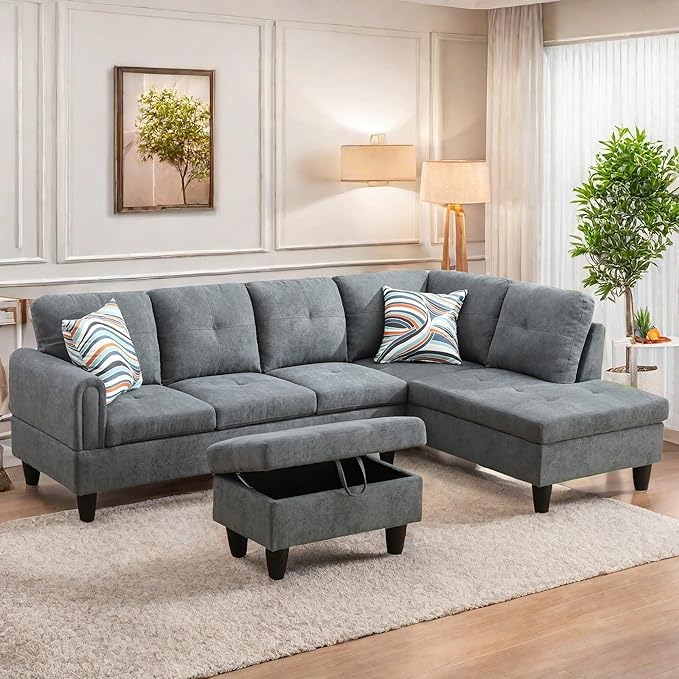 L Shaped Sectional Couches for Living Room, Modern Modular Sectional Sofa with Ottoman Storage, Comfy L Shaped Couch with Chaise for Bedroom Apartment Furniture, Gray