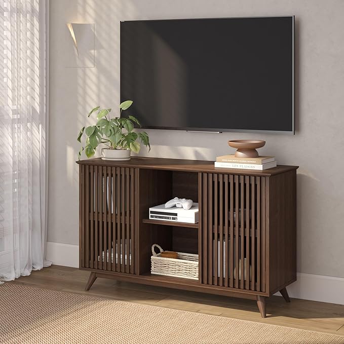 Plank+Beam Mid-Century Modern Wood TV Stand, Solid Wood Entertainment Console with Storage, 49" L x 16" W x 30" H, Walnut