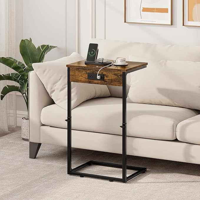 Vagusicc C Shaped End Table with Charging Station, Adjustable Height Side Table for Couch, Small Side Table, 33.2'' Tall Couch Tables That Slide Under, Tv Tray End Table for Living Room, Rustic Brown