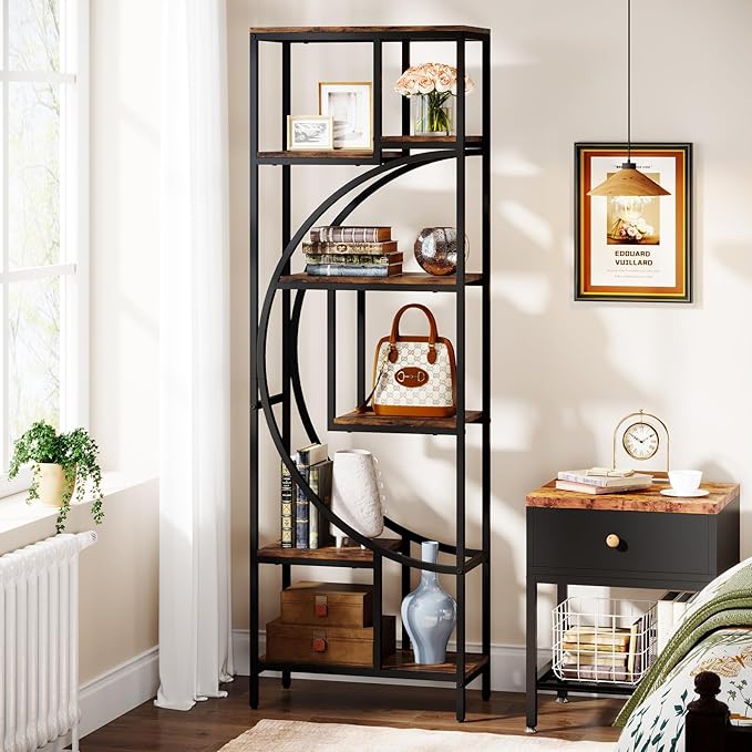 Geometric Bookshelf, 70.9" Tall Bookcase with 7-Shelf Open Shelves, Wood Metal Book Shelf Display Rack Storage Shelving Unit for Office, Bedroom, Living Room, Easy Assembly, Rustic Brown
