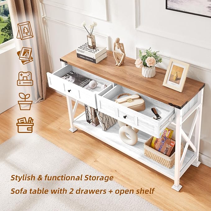 HOMBAZAAR Entryway Table,Rustic Console Table with 2 Drawers, Industrial Console Tables with Storage for Entryway, Hallway, Living Room,White,47 Inch