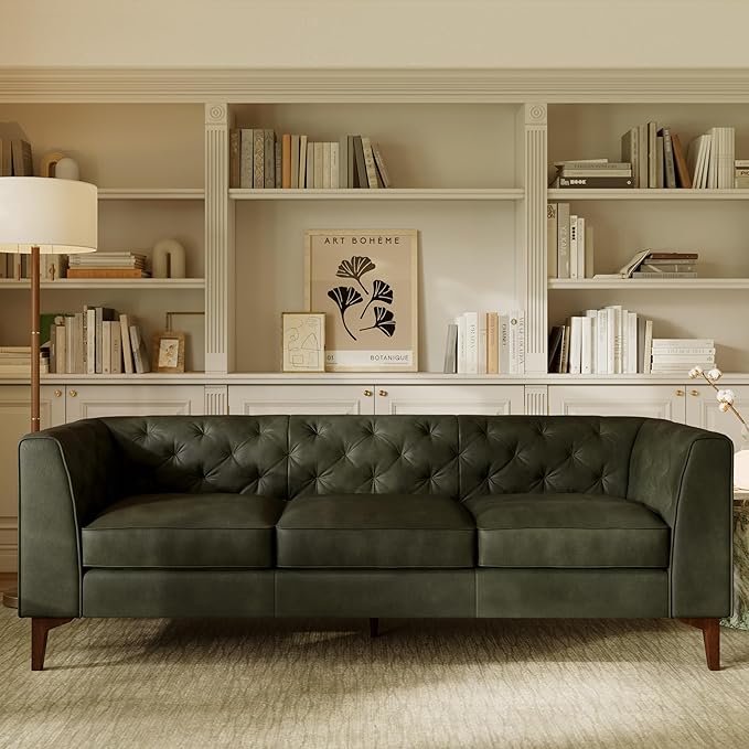 POLY & BARK Essex Leather Couch - 89-Inch Sofa with Tufted Back - Full-Grain Leather Sofa for Living Room with Feather-Down Topper - Living Room Couch - Vintage Italian Leather in Olivine Green
