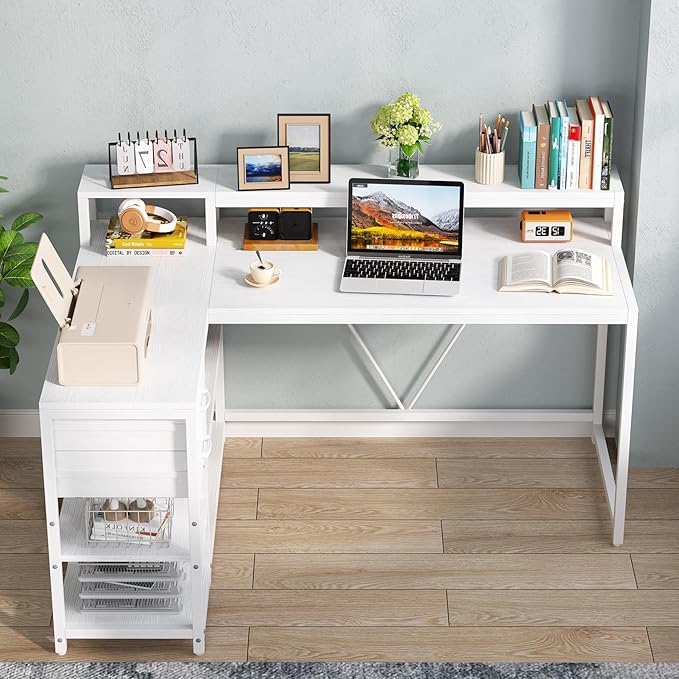 Tribesigns 55-inches Reversible L Shaped Desk with Drawer, Modern White L Corner Desk Home Office Table with Storage Shelves and Monitor Stand, Wooden and Metal PC Desk for Small Space