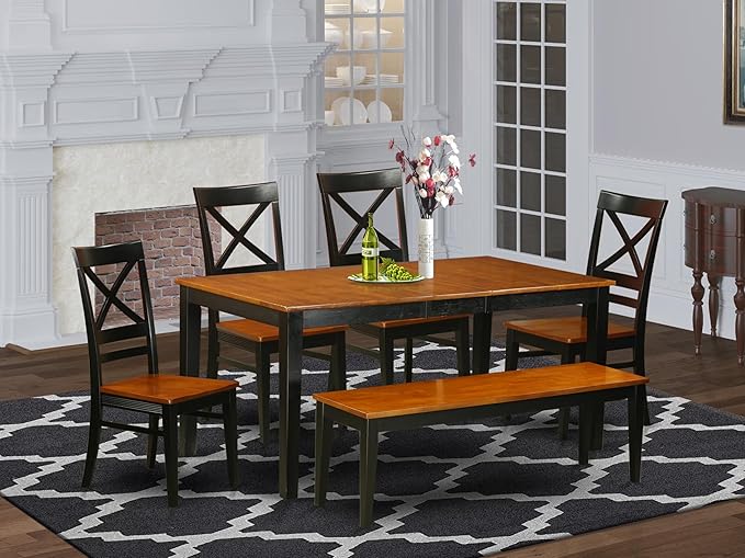 East West Furniture NIQU6-BCH-W 6 Piece Dining Room Table Set Contains a Rectangle Kitchen Table with Butterfly Leaf and 4 Dining Chairs with a Bench, 36x66 Inch, Black & Cherry