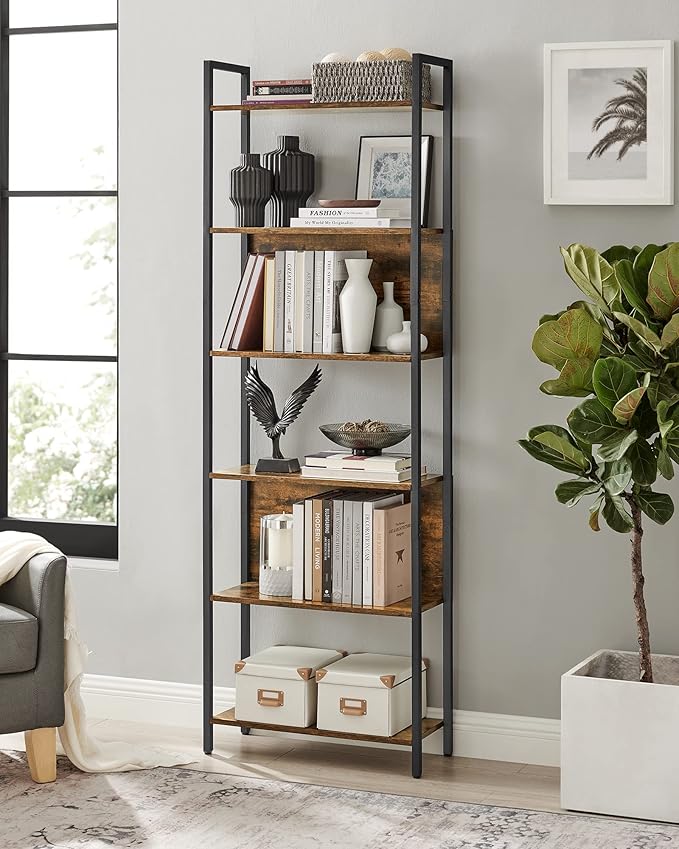 VASAGLE 6-Tier Bookshelf, Book Shelf, Industrial Bookcase, with Steel Frame, for Living Room, Home Office, Bedroom, 9.4 x 23.6 x 73.2 Inches, Rustic Brown and Black ULLS113B01