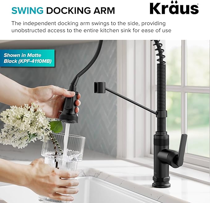 KRAUS Allyn Commercial Style 2-Function Single Handle Pull Down Kitchen Faucet in Spot-Free Brushed Brass/Matte Black, KPF-4110BBMB