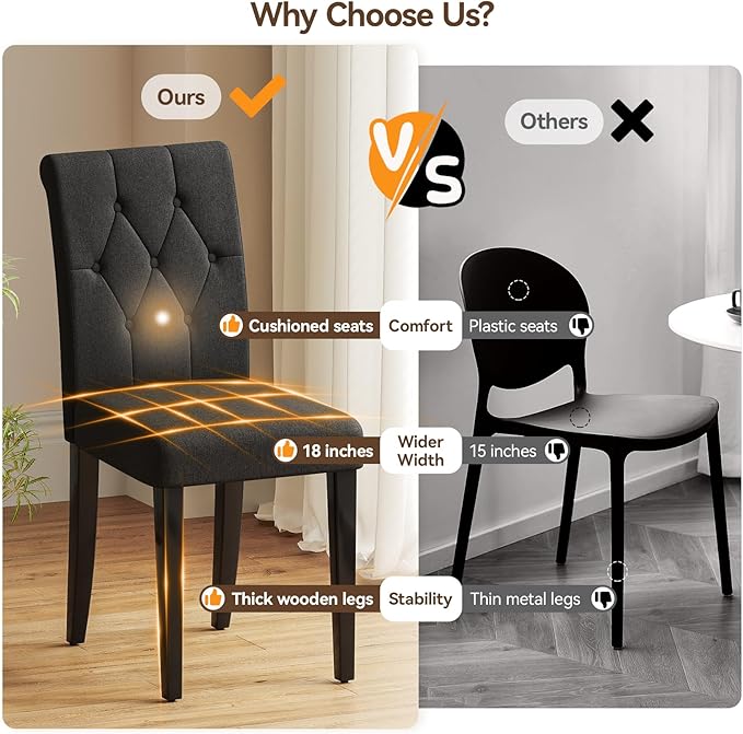 Upholstered Dining Chairs Set of 6, Button Tufted Parsons Dining Chair with Solid Wood Legs, Modern Fabric Side Chair for Dining Room/Kitchen/Restaurant/Hotel- Black
