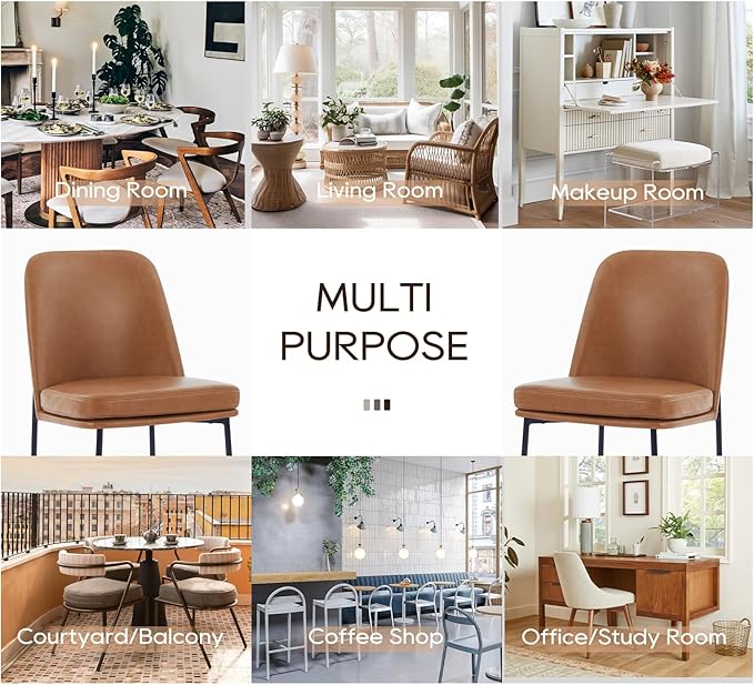 COLAMY Modern Dining Chairs Set of 4, Faux Leather Upholstered Kitchen Chairs with Curved Back & Metal Legs, Mid-Century Dining Room Chair (Brown)