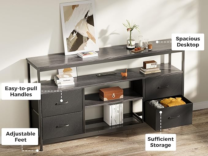 Huuger TV Stand Dresser with Power Outlets and LED Lights, 4 Drawers Entertainment Center with Shelves, 54in Media Console for 55 60 Inch TV, Dresser with PU Finish, Grey and Black