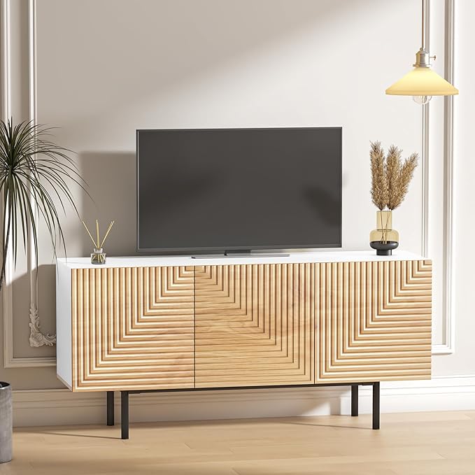 Roomfitters Mid Century Modern TV Stand for TVs up to 65", Boho Sideboard Buffet Cabinet Credenza, Media Console Entertainment Center for Living Room, Poplar Wood Print Carved and Geometric Design
