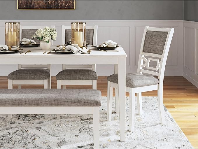 Signature Design by Ashley Erinberg Casual Dining Table with 4 Armless Upholstered Chairs and Bench, Set of 6, White & Light Gray