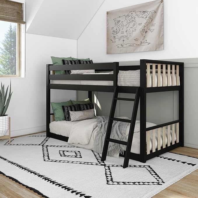 Max & Lily Low Bunk Bed, Scandinavian Modern Bunk Bed, Solid Wood Twin-Over-Twin Bed Frame for Kids, No Box Spring Needed, Black/Blonde
