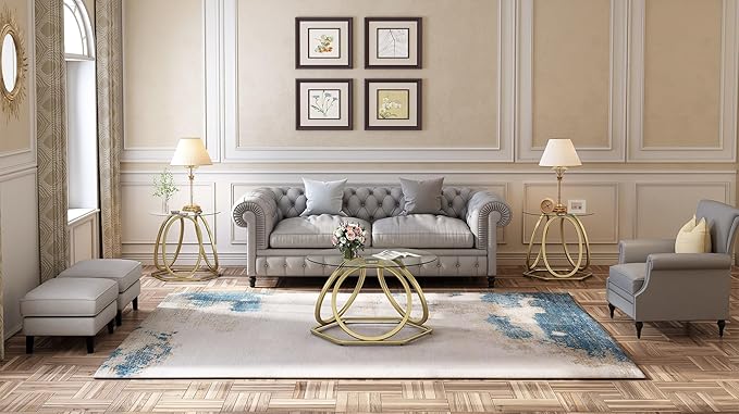 O&K FURNITURE Gold Modern Round Glass End Table with Hexagonal Base for Home & Office, 1 PC