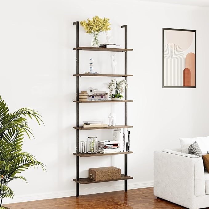 Ladder Shelf Black 6 Tiers Modern Bookshelf Room Organizer Open Tall Wall Mount Bookcase Standing Leaning Wall Shelves Industrial Decorative Living Room Bed Room (Brown)