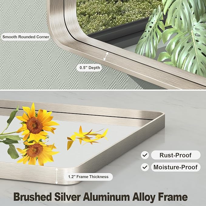 40x36 Inch Brushed Nickel Bathroom Mirror, Brushed Silver Metal Framed Wall Mirror, Rounded Corner Rectangle Modern Vanity Mirror, Tempered Glass, Anti-Rust, Shatterproof (Horizontal/Vertical)