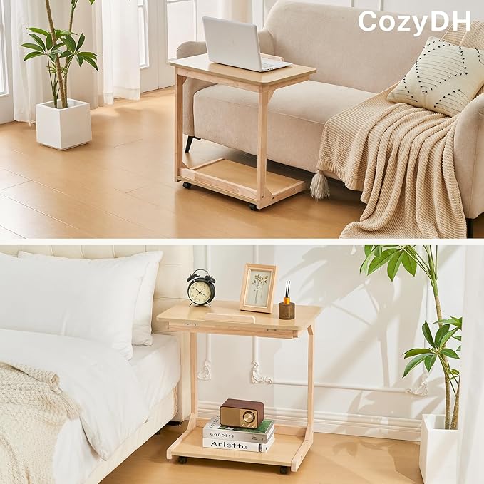 CozyDH Adjustable C Shaped End Table, Rolling Side Table Solid Wood TV Sofa Tray Table for Couch Arm Eating Multi-Purpose, Small Coffee Table with Wheels Living Room Bedroom, Natural