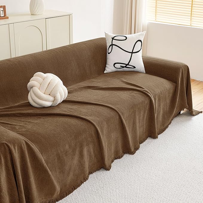 hyha Couch Cover for Dogs, Boho Sofa Covers for 3 Cushion Couch Washable, Chenille Sofa Slipcover for Pets, Soft Loveseat Sectional Couch Throw Blankets with Tassels (Chocolate, 88.5x118 Inch)