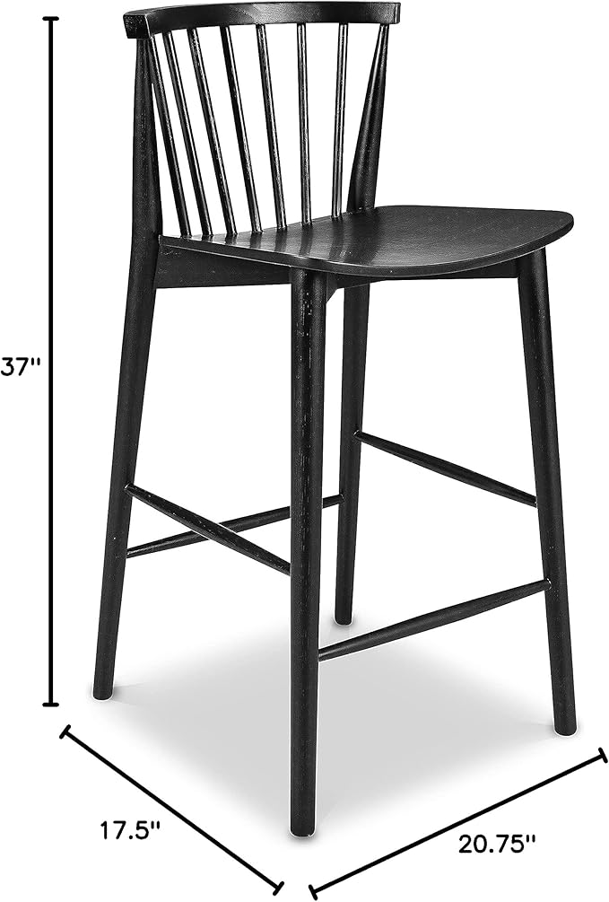 POLY & BARK Ligna Counter Stool Black – Mid-Century Inspired Stool with Sculpted Spindle Back – Solid American Oak Frame and Engineered Wood Veneered Seat – Fully Assembled and Ready to Use