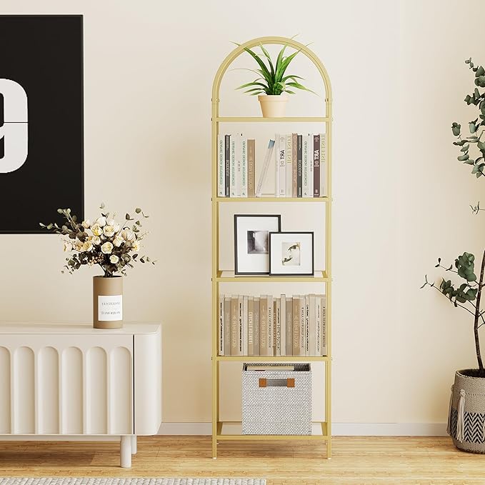 Homhedy Bookshelf Arched Display Racks,Metal Bookcase,Tempered Glass Shelves,Storage Rack Shelf for Home Office,Living Room,Bedroom, Bathroom,Modern Style (Golden, 11.8" D x 13.8" W x 57.1" H)
