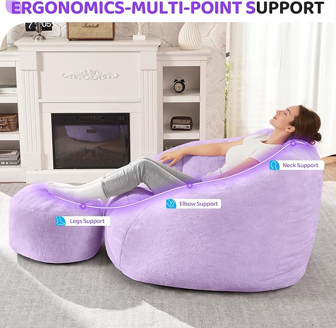 HABUTWAY Bean Bag Chair, Giant Bean Bag Chairs for Adults with Ottoman, Comfy Faux Fur Shell-Shaped Bean Bag Couch, Sofa Chair for Living Room, Bedroom, Purple