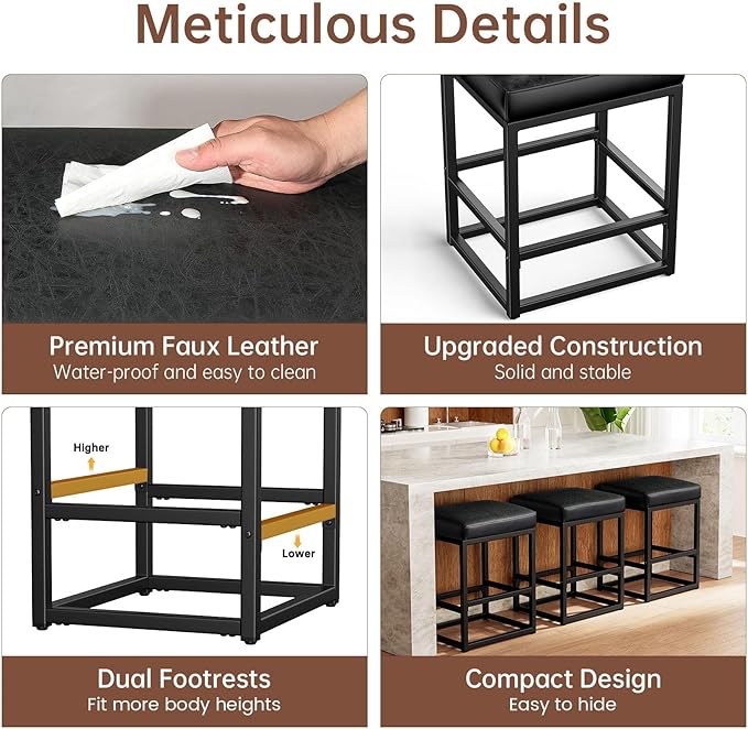 Counter Height Bar Stools Set of 3, 24" Barstools for Kitchen Countertop, Faux Leather Counter Stools with Thick Square Seats & Sturdy Metal Base, Simple Assembly, Black