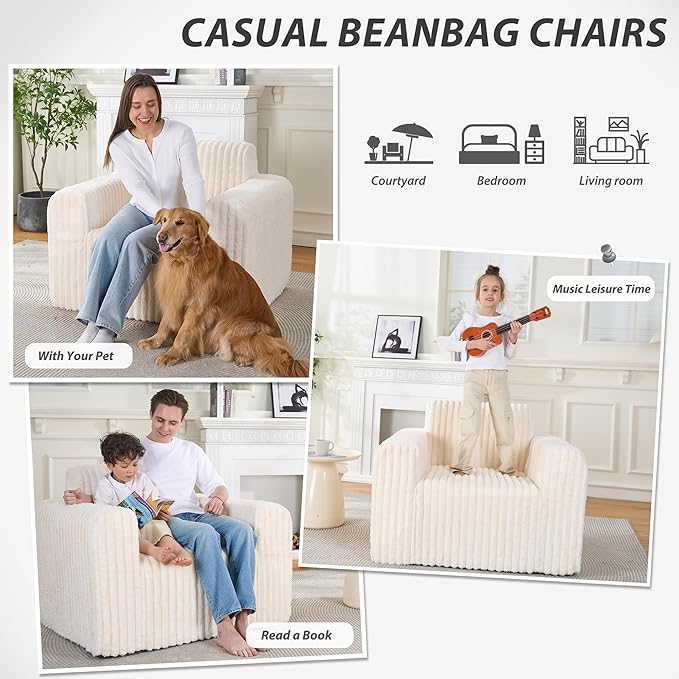 Giant Bean Bag Chair for Adults, Non-Slip Floor Sofa with High Backrest & Wider Armrest, Upgrade Whole Sponge Bean Bag Sofa Couch for Bedroom Living Room(Large,Beige,Stripe Plush)