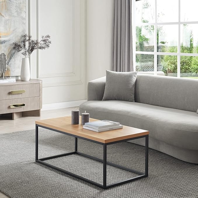 CENSI 40-Inch Natural Oak Accent Coffee Table Ottoman for Living Room, Rectangle, Mid-Century Modern Industrial Style, Extra Thick Top, Light Wood and Metal (Oak)
