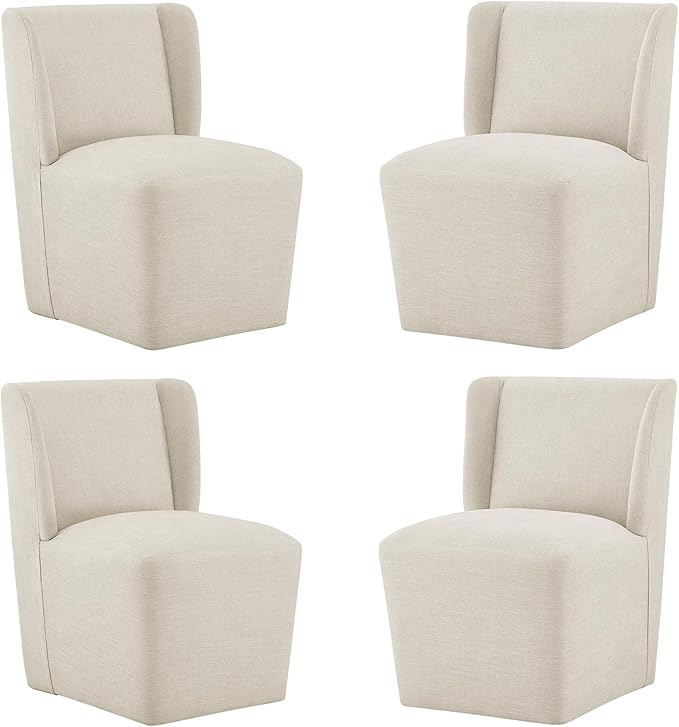 Upholstered Dining Chair with Casters Wingback Modern Side Armless Deskchair with Rollers for Diningroom Bedroom Livingroom Reading Room,Cream Beige,4 Box