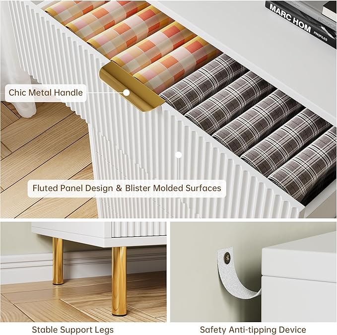 GarveeHome White Dresser, Modern 6 Drawer Dresser for Bedroom with Gold Handle and Large Drawer, Wood Double Chest of Drawers and Storage Organizer for Living Room, Hallway, Entryway
